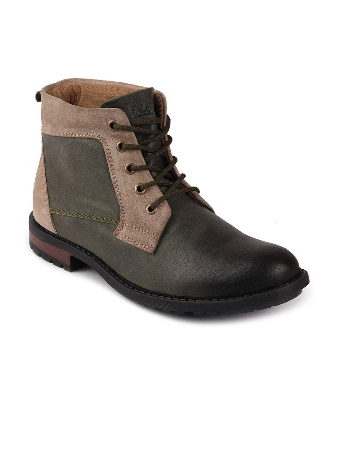 fausto men olive green high ankle lace up winter leather boots