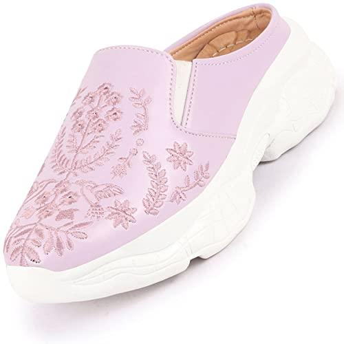 fausto fst 1342 purple-37 women's purple floral print embroidery back open slip on mules shoes (4 uk)