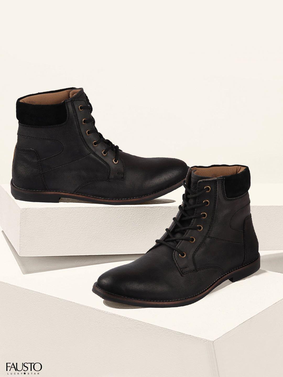 fausto men black leather high-top flat boots