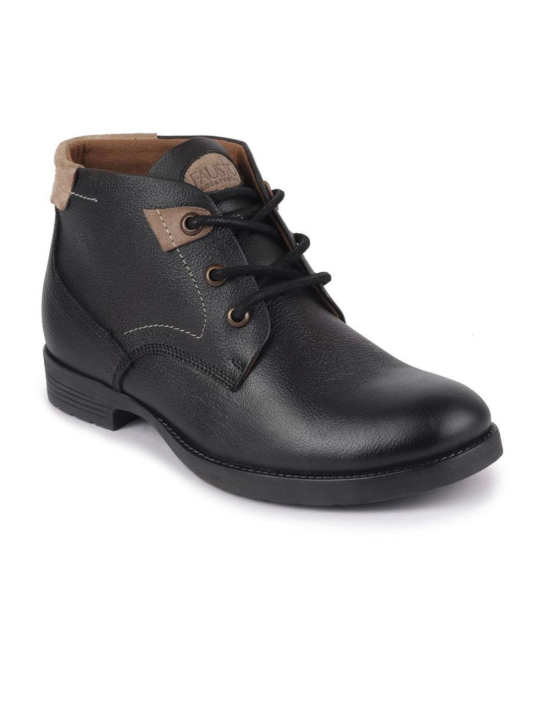 fausto men black solid leather casual flat boots