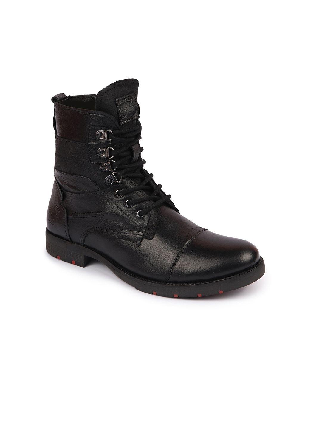 fausto men black solid leather heeled biker boots