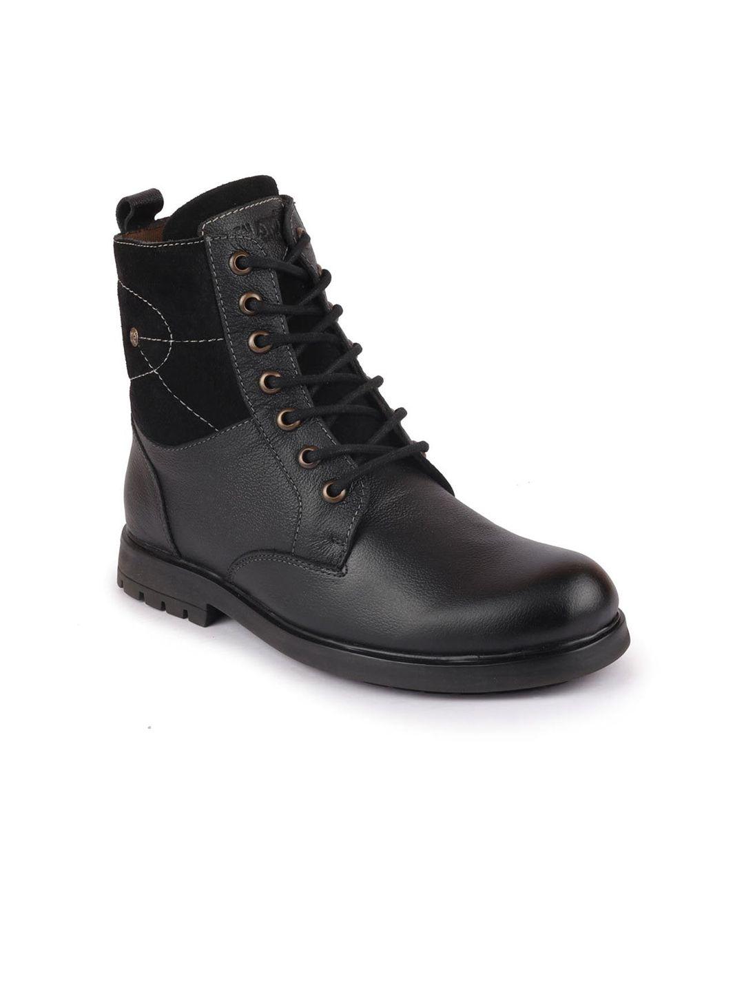 fausto men black solid leather high-top flat boots
