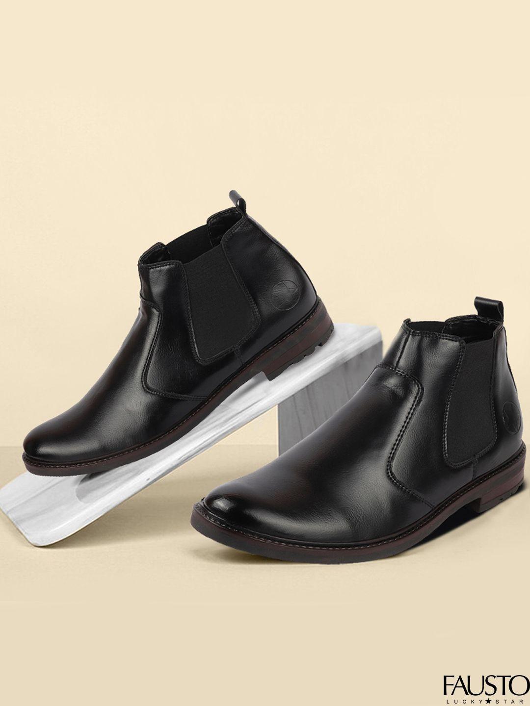 fausto men black solid slip-on flat chelsea boots