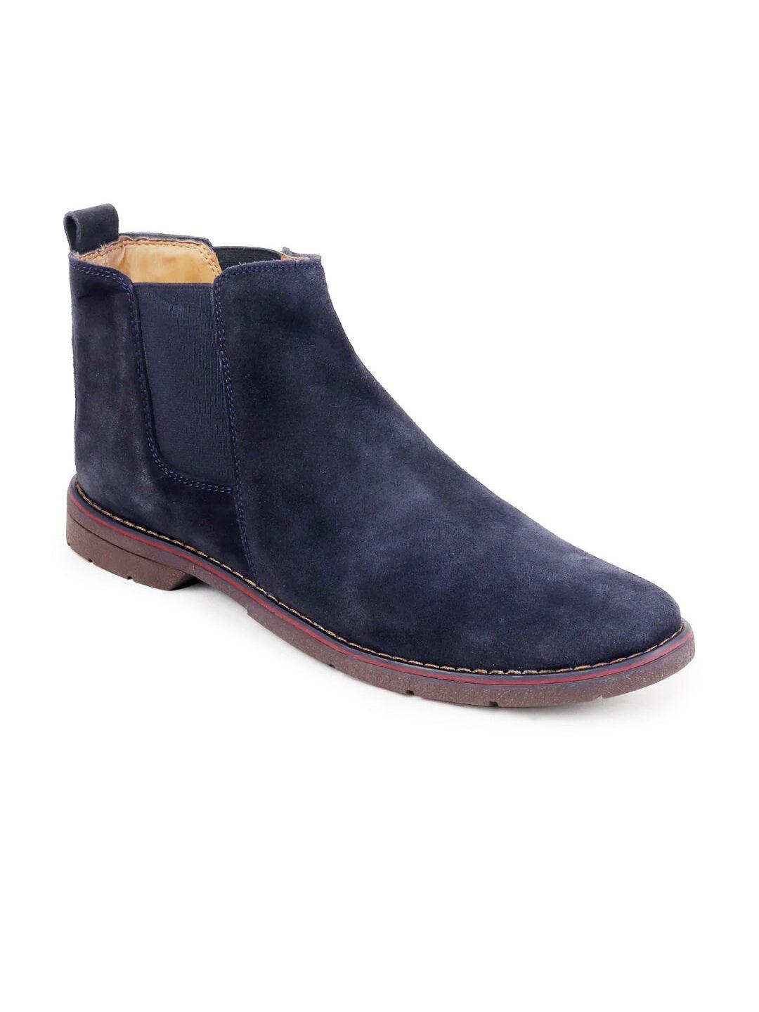 fausto men blue solid leather slip on chelsea boots