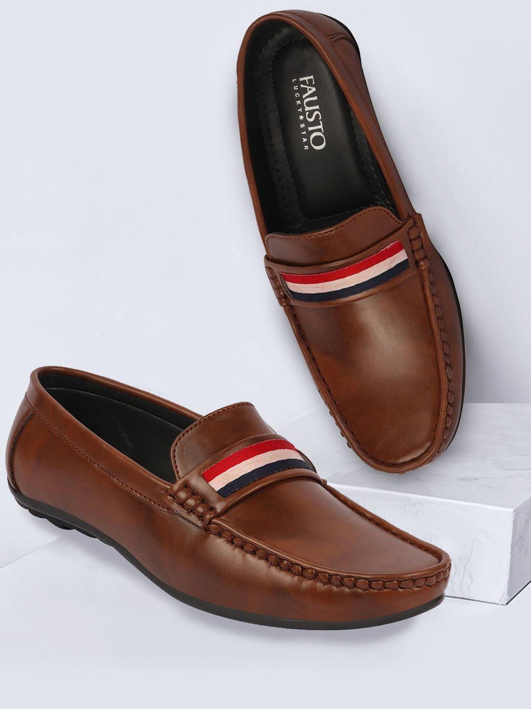 fausto men brown colored stripe design pu loafers