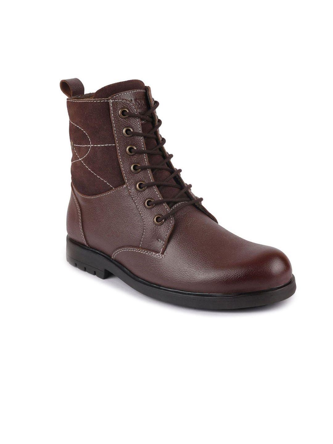 fausto men brown solid leather high-top flat boots