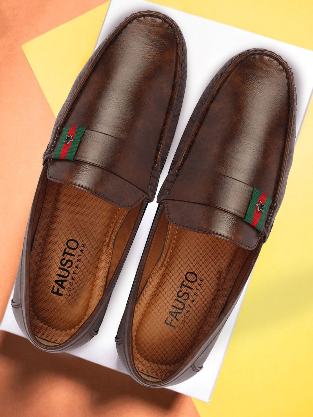 fausto men brown textured pu loafers