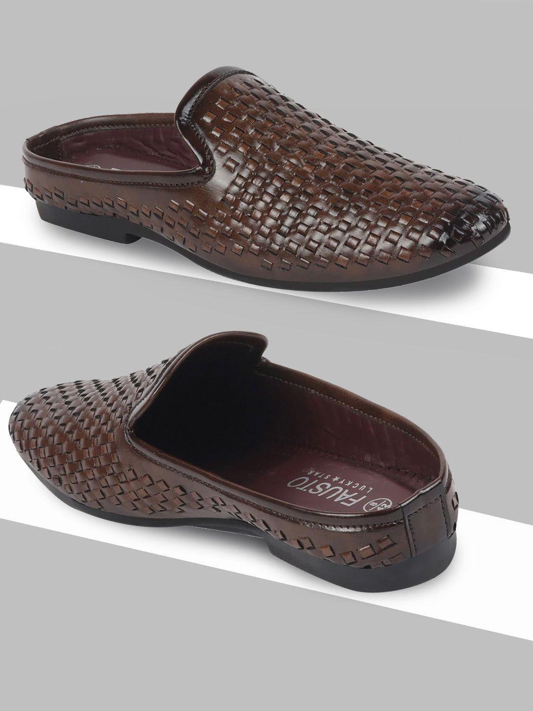 fausto men brown woven design pu lightweight mojaris