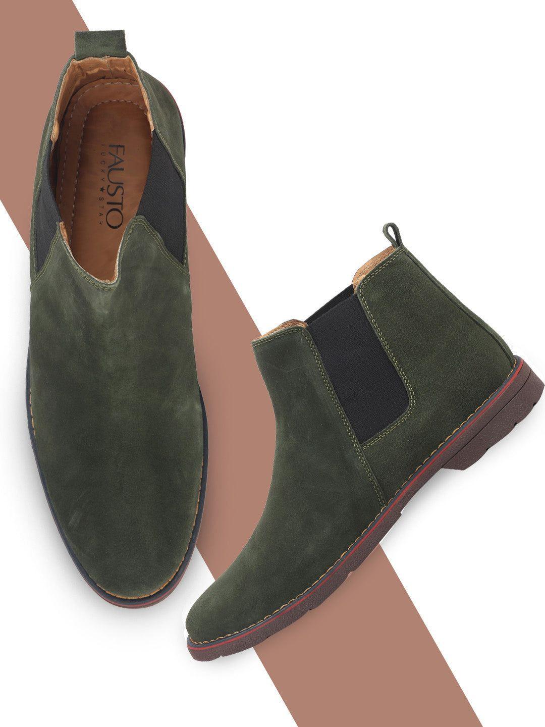 fausto men green suede leather slip on chelsea boots