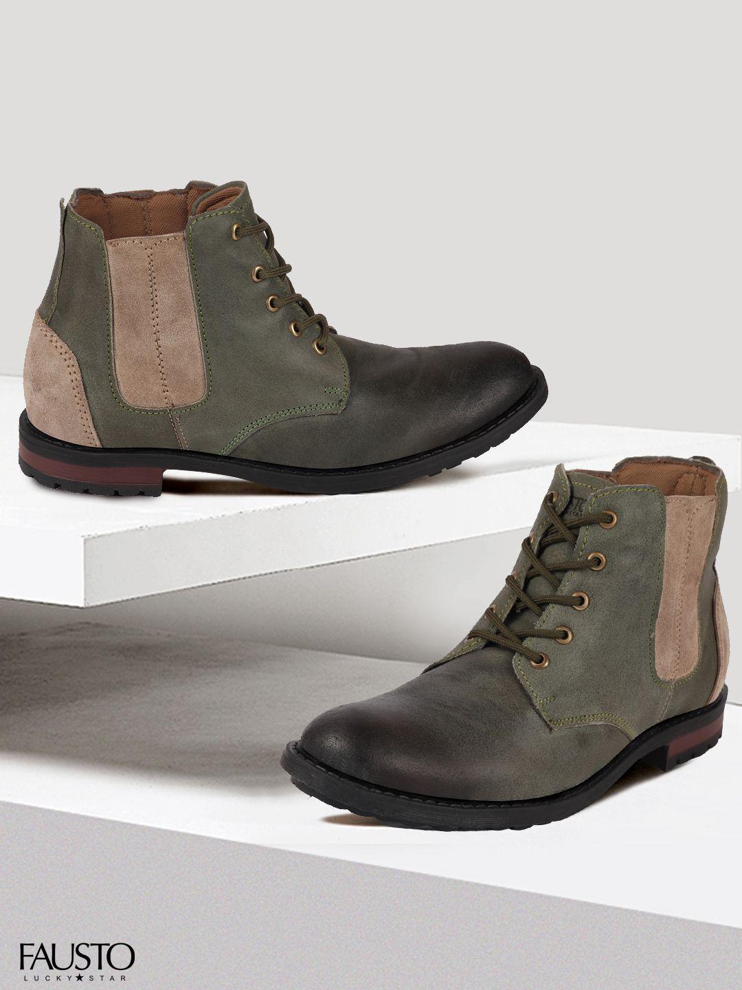 fausto men olive green colourblocked leather flat boots