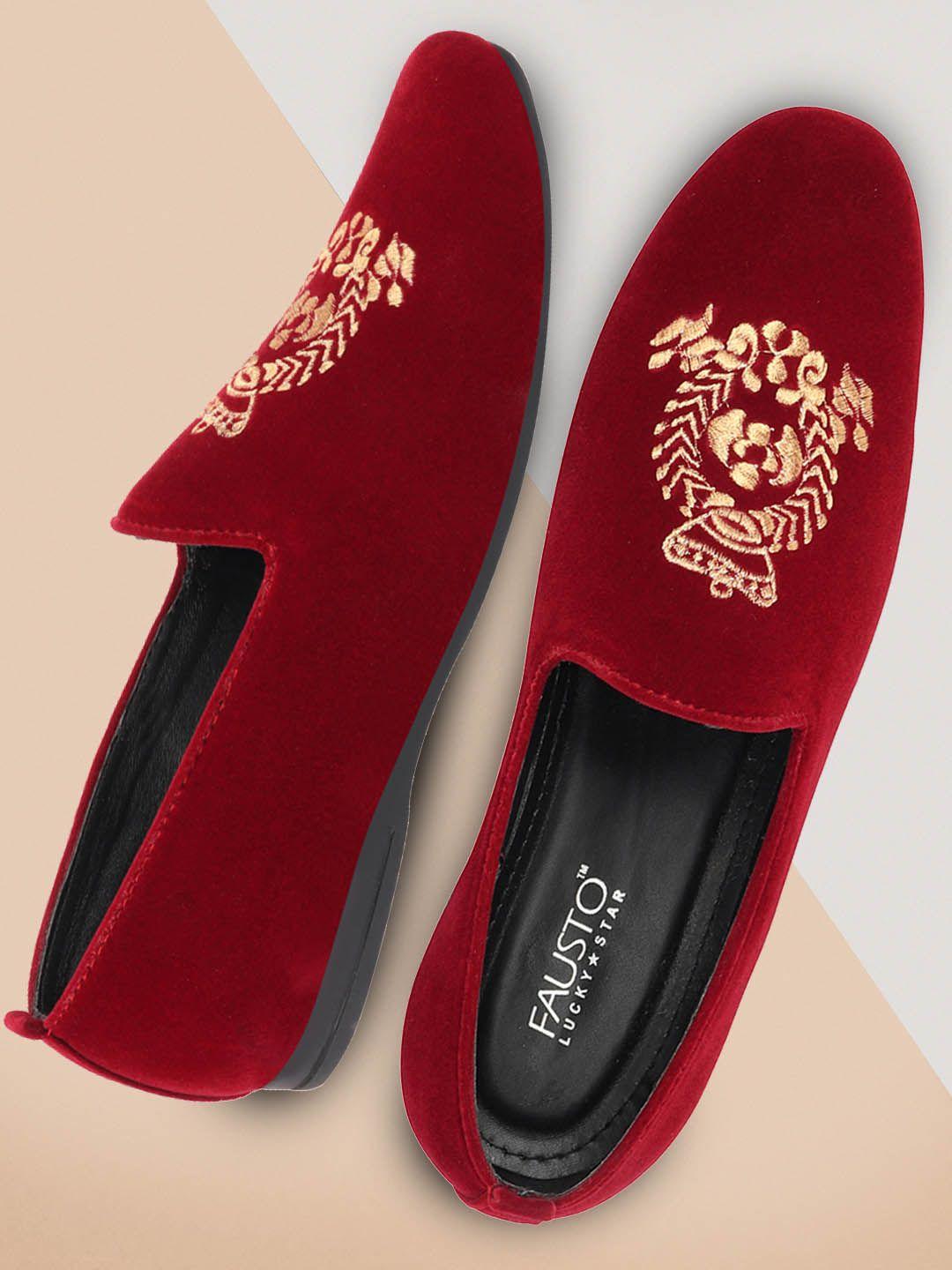 fausto men red embroidered velvet loafers