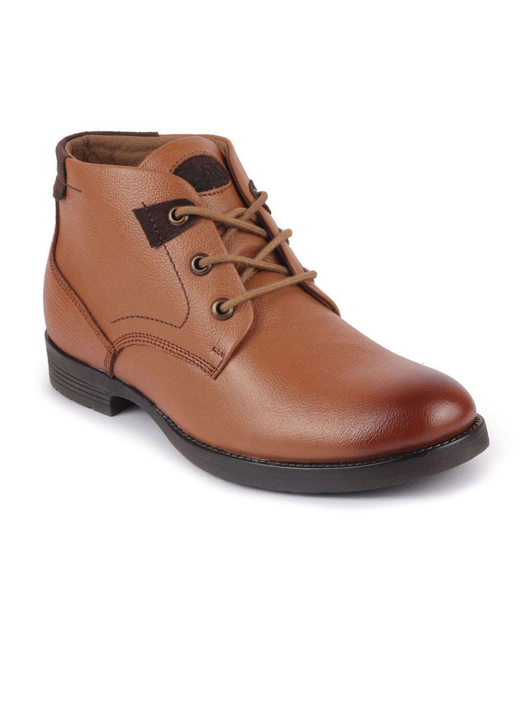 fausto men tan solid leather up flat boots