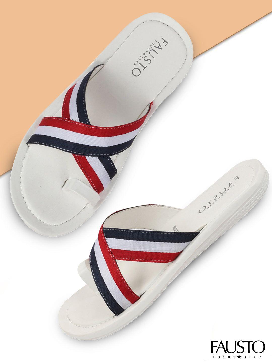 fausto men white & red criss cross stripes one toe slip-on flip flops