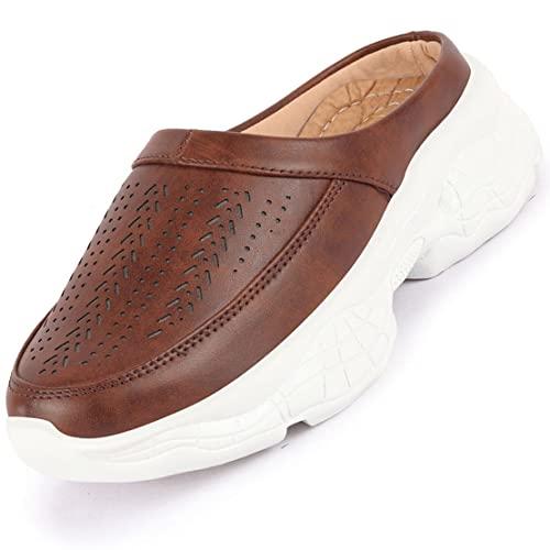 fausto women laser cut stitched back open slip on mules shoes (brown, numeric_5)