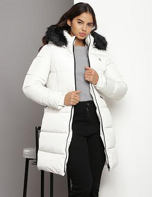 faux fur hooded fitted long jacket