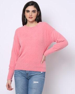 faux-fur fitted pullover with pearl accent
