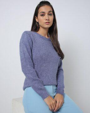 faux fur knitted crew-neck pullover