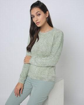 faux fur knitted round-neck pullover