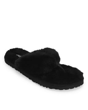 faux-fur t-strap slippers