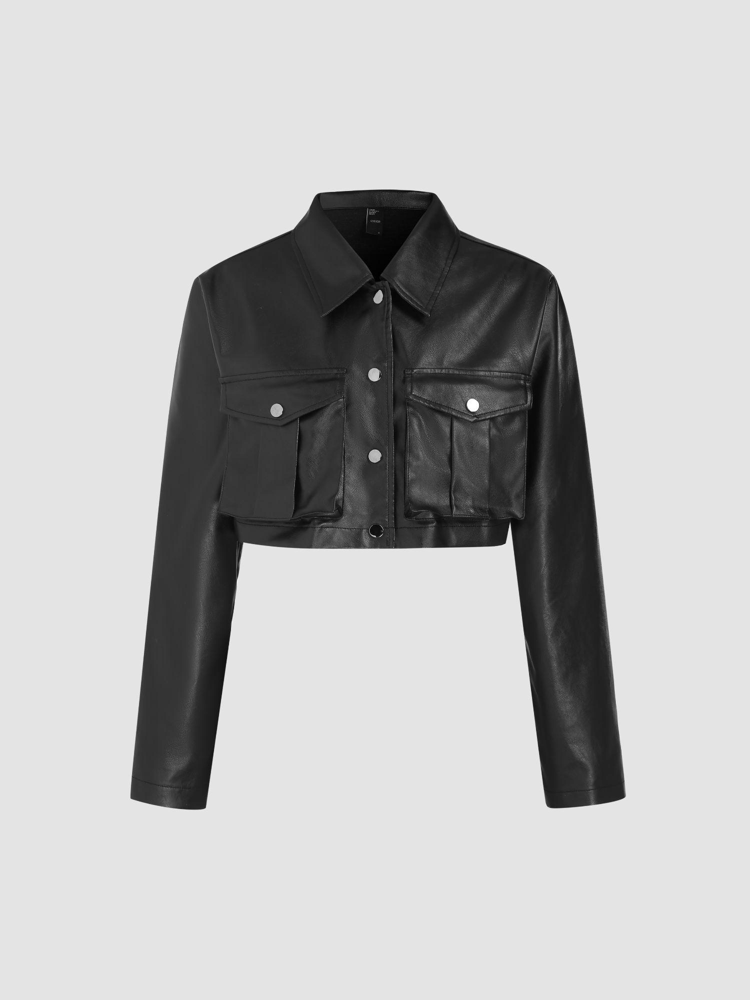 faux leather collar solid pocket crop jacket