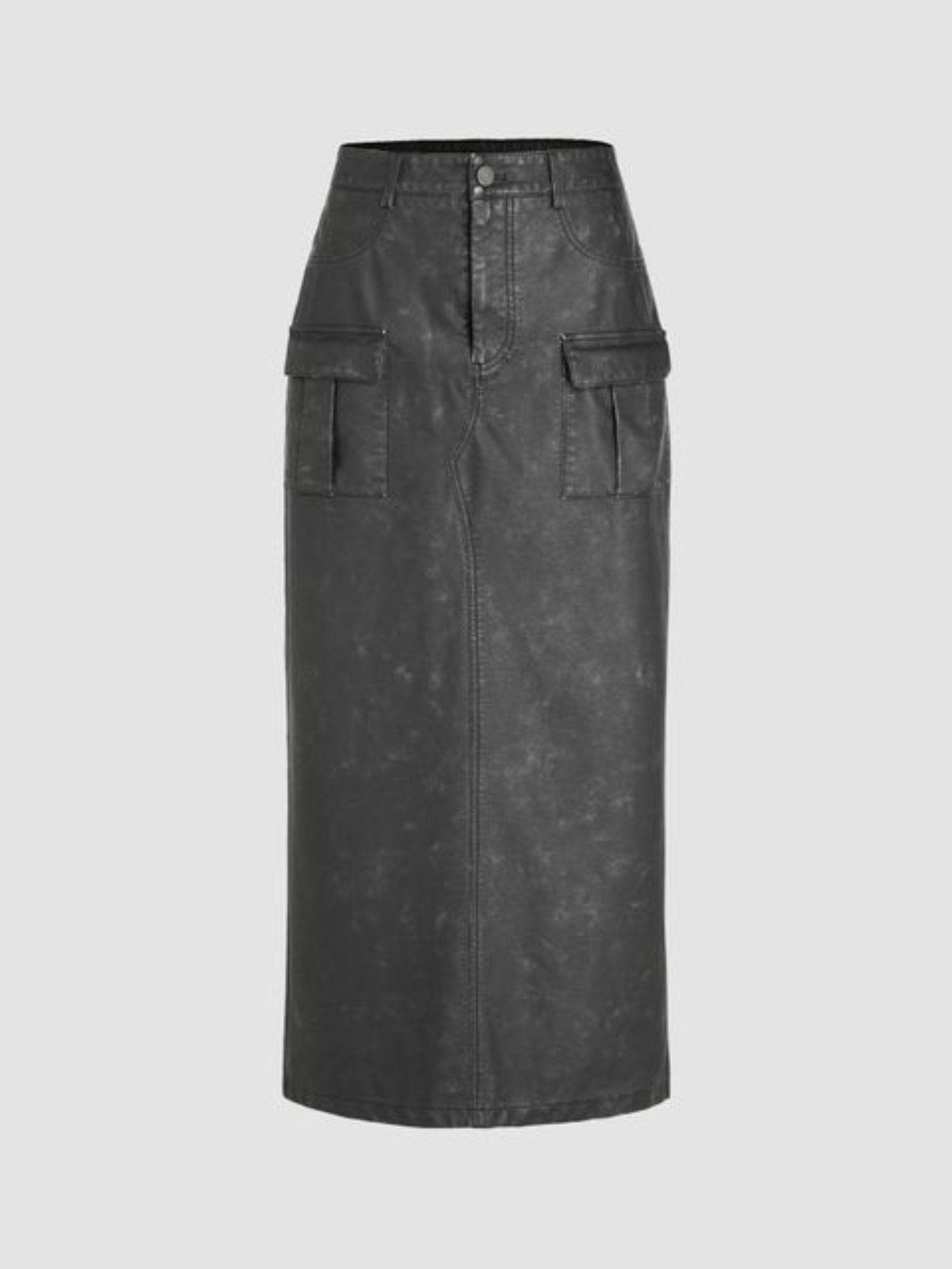 faux leather high waist cargo split maxi skirt