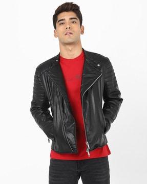 faux leather zip-front biker jacket with racer panels