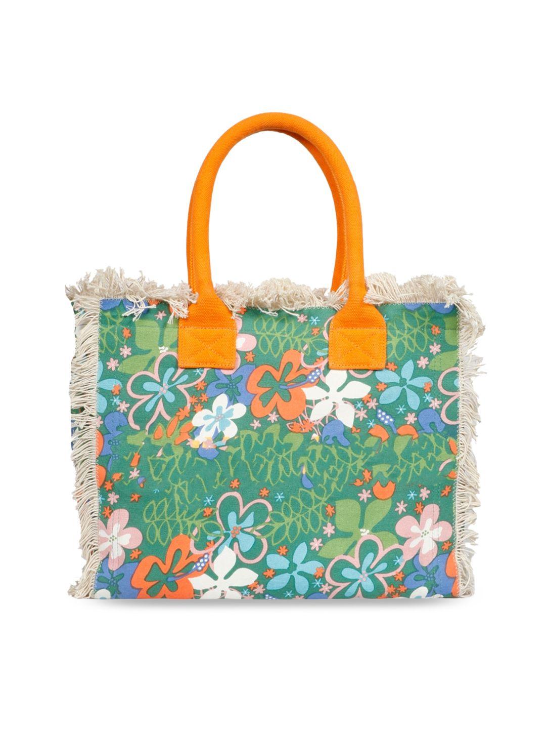 favore floral printed structured tote bag with fringed