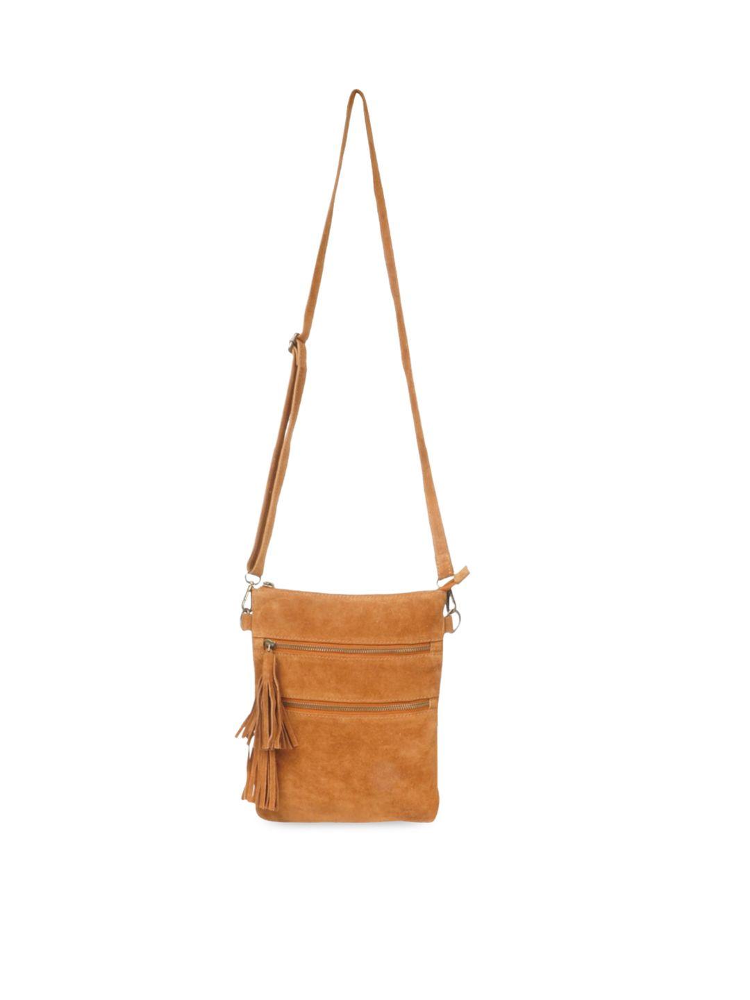 favore textured structured leather sling bag with tasselled