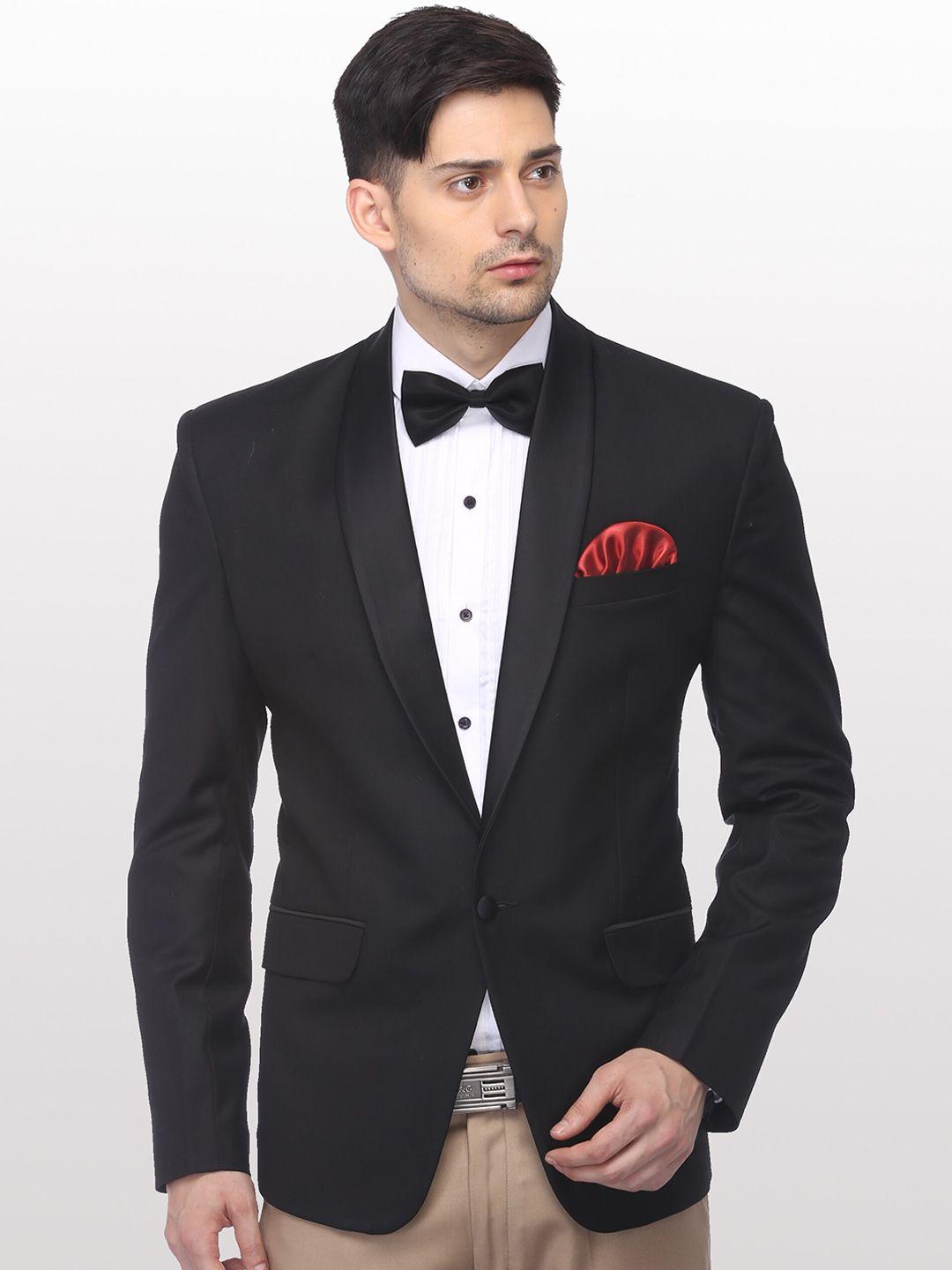 favoroski men black solid slim-fit single breasted tuxedo blazer