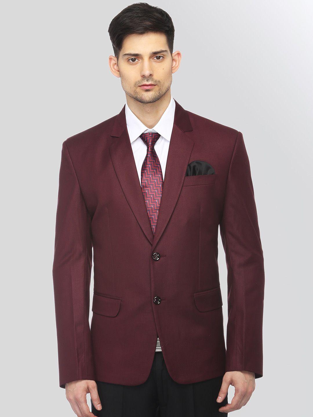 favoroski men burgundy solid slim-fit single-breasted formal blazer