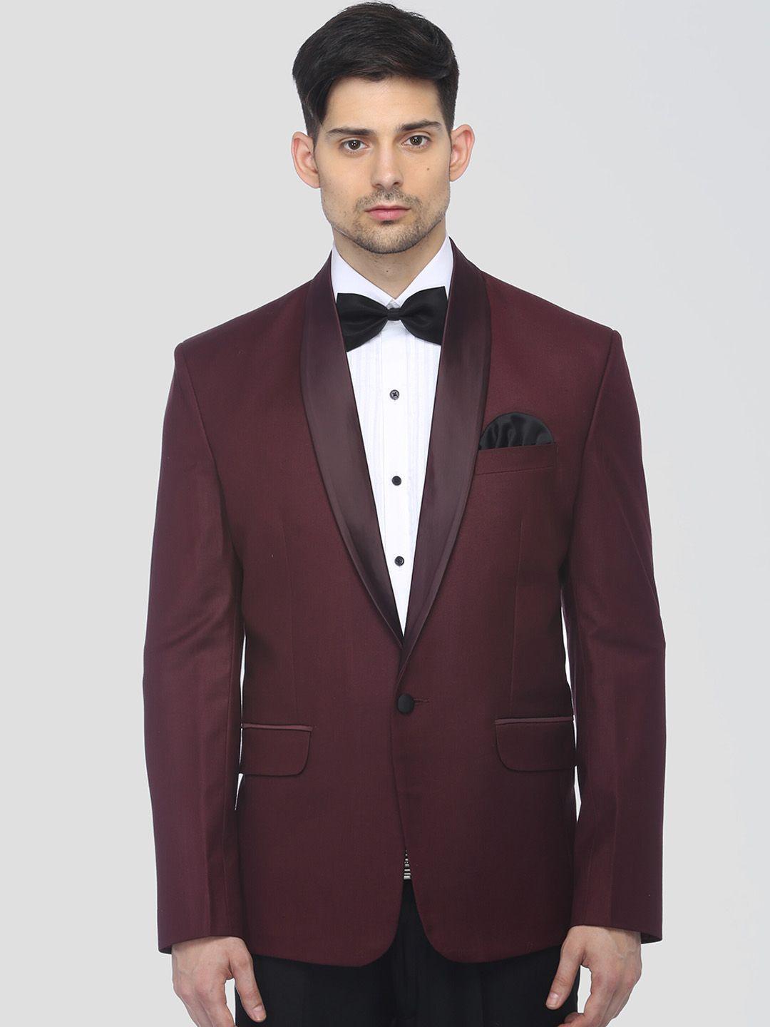 favoroski men maroon slim fit single-breasted tuxedo blazer