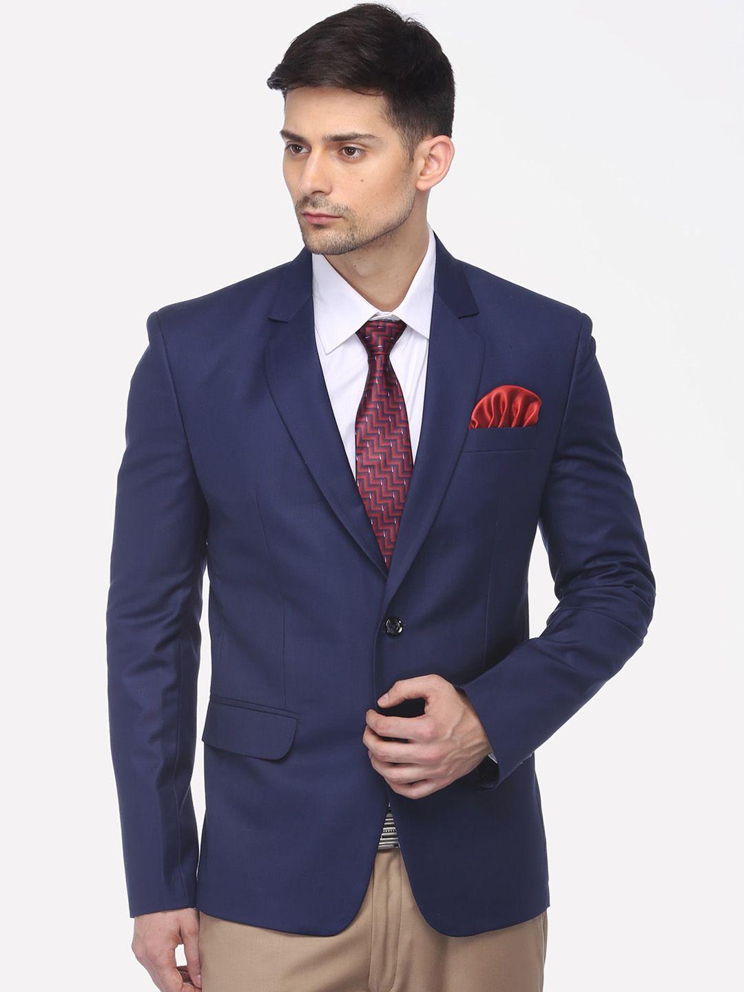 favoroski men navy blue solid slim-fit single-breasted formal blazer