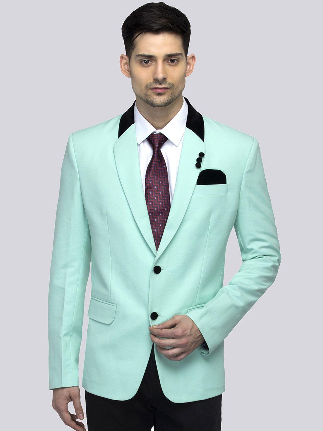 favoroski men sea green solid slim-fit single-breasted blazer