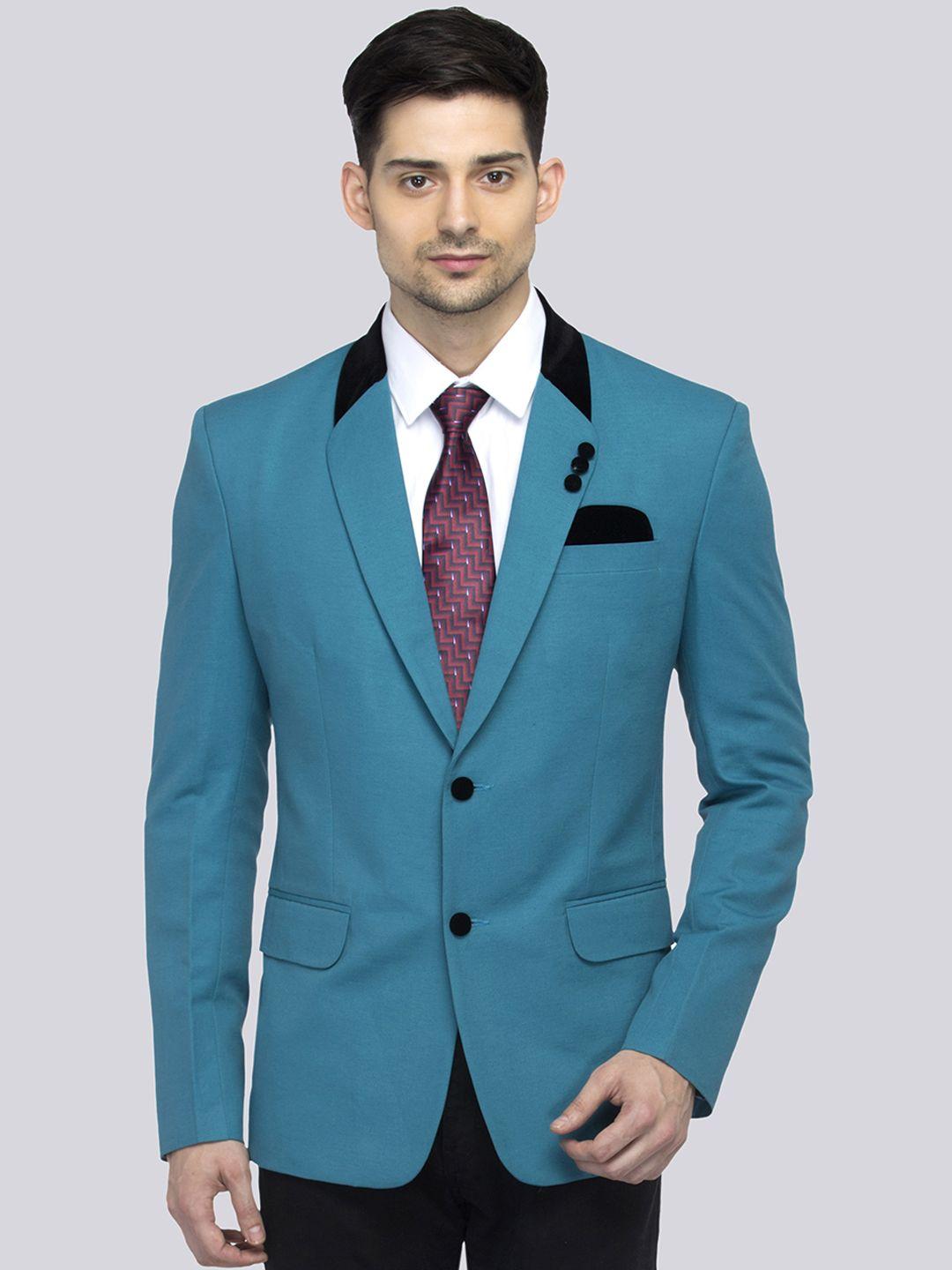 favoroski men teal blue solid slim-fit single-breasted blazer