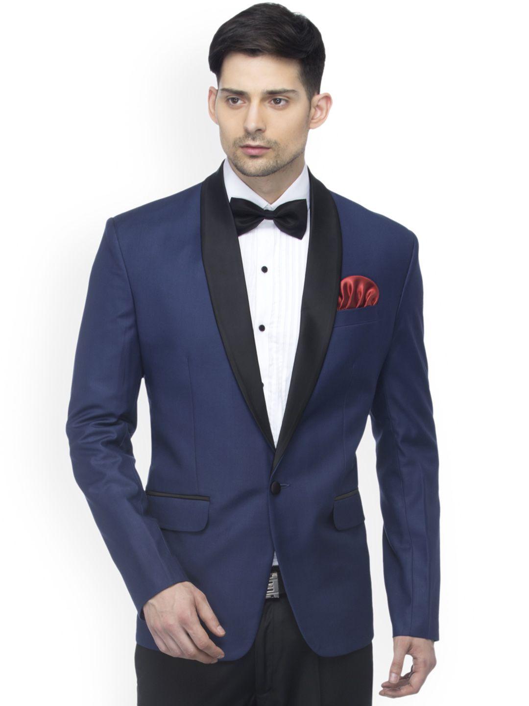 favoroski navy blue slim fit single-breasted tuxedo blazer