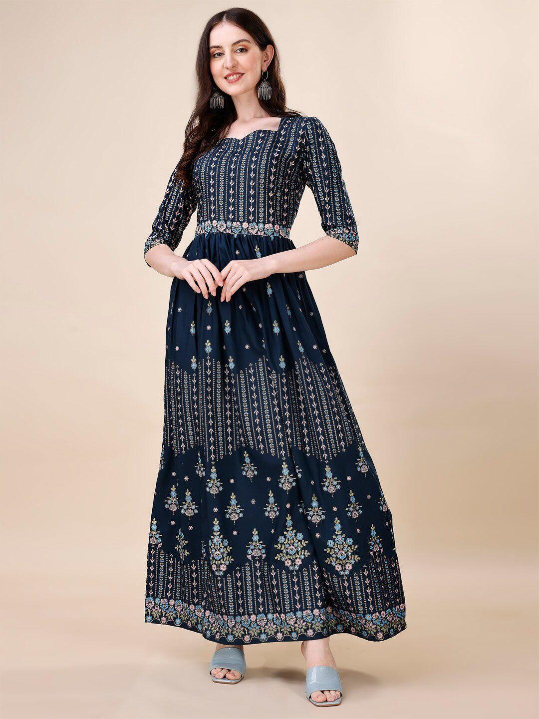favriz navy blue ethnic motifs print maxi dress