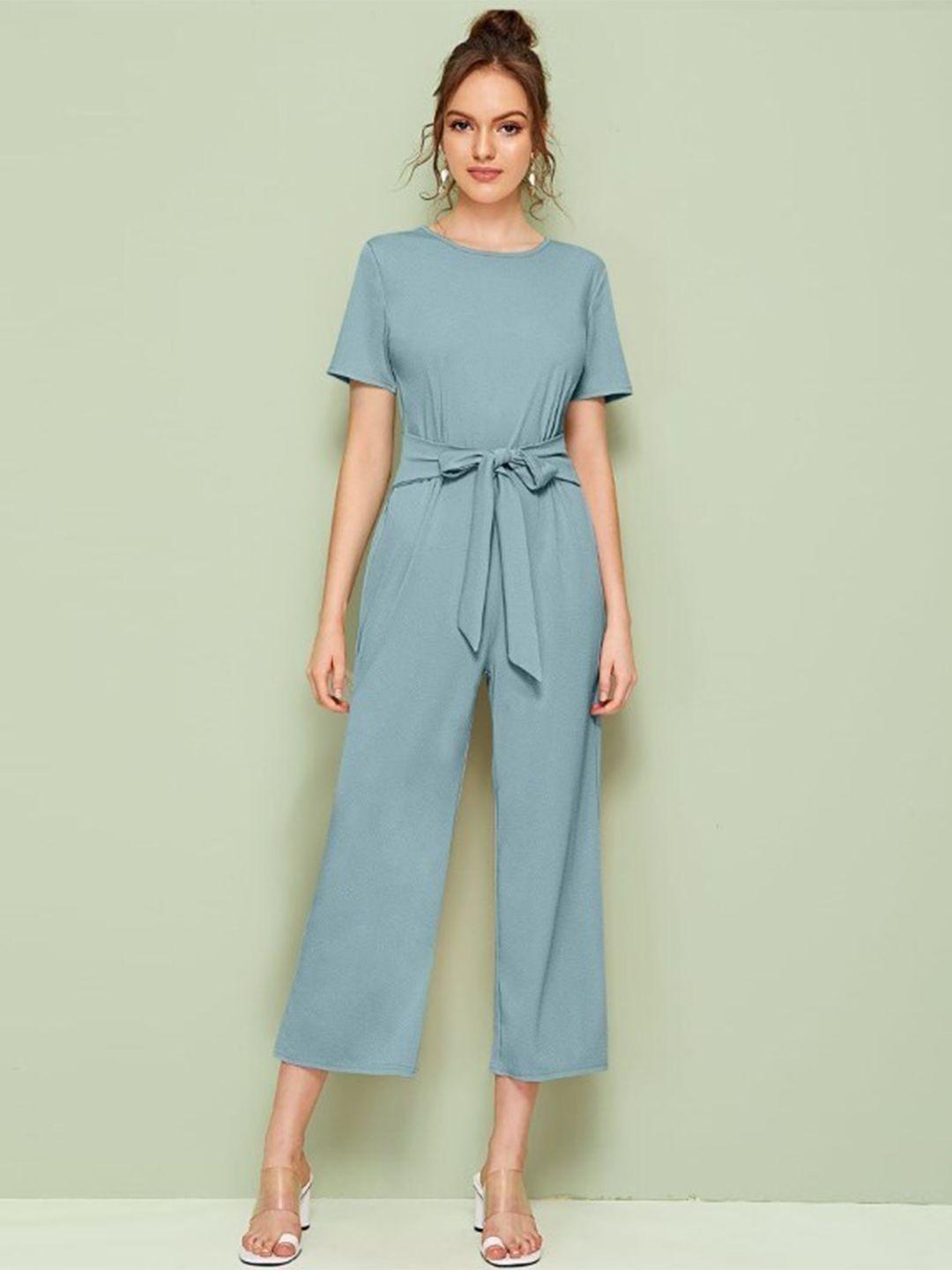 favriz round neck shirt sleeves waist tie ups culotte jumpsuit