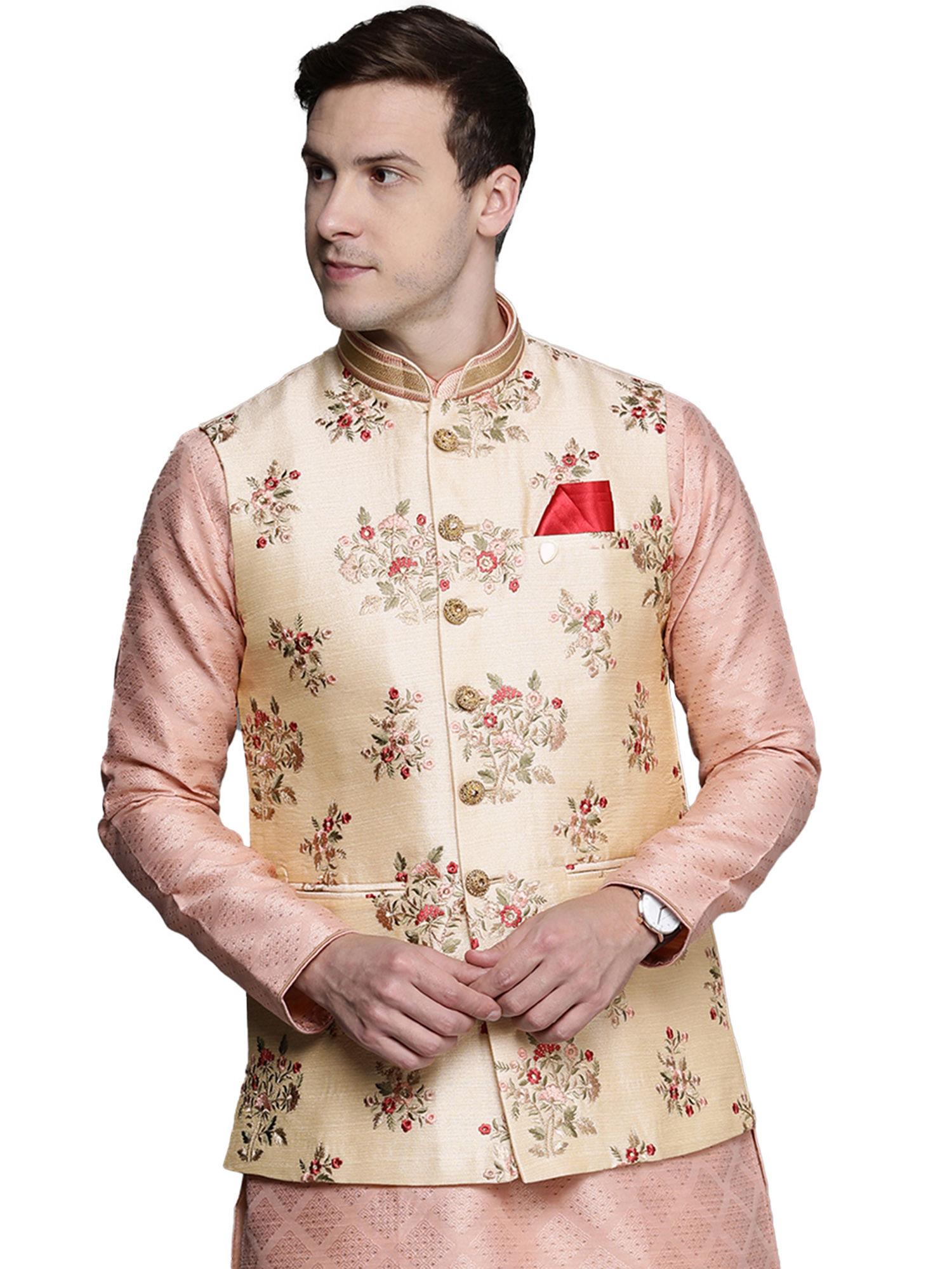 fawn art silk festive embroidered nehru jacket