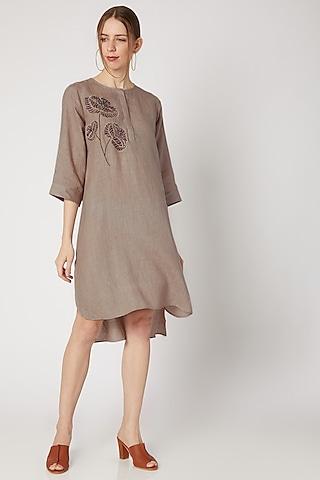 fawn beige embroidered high-low tunic