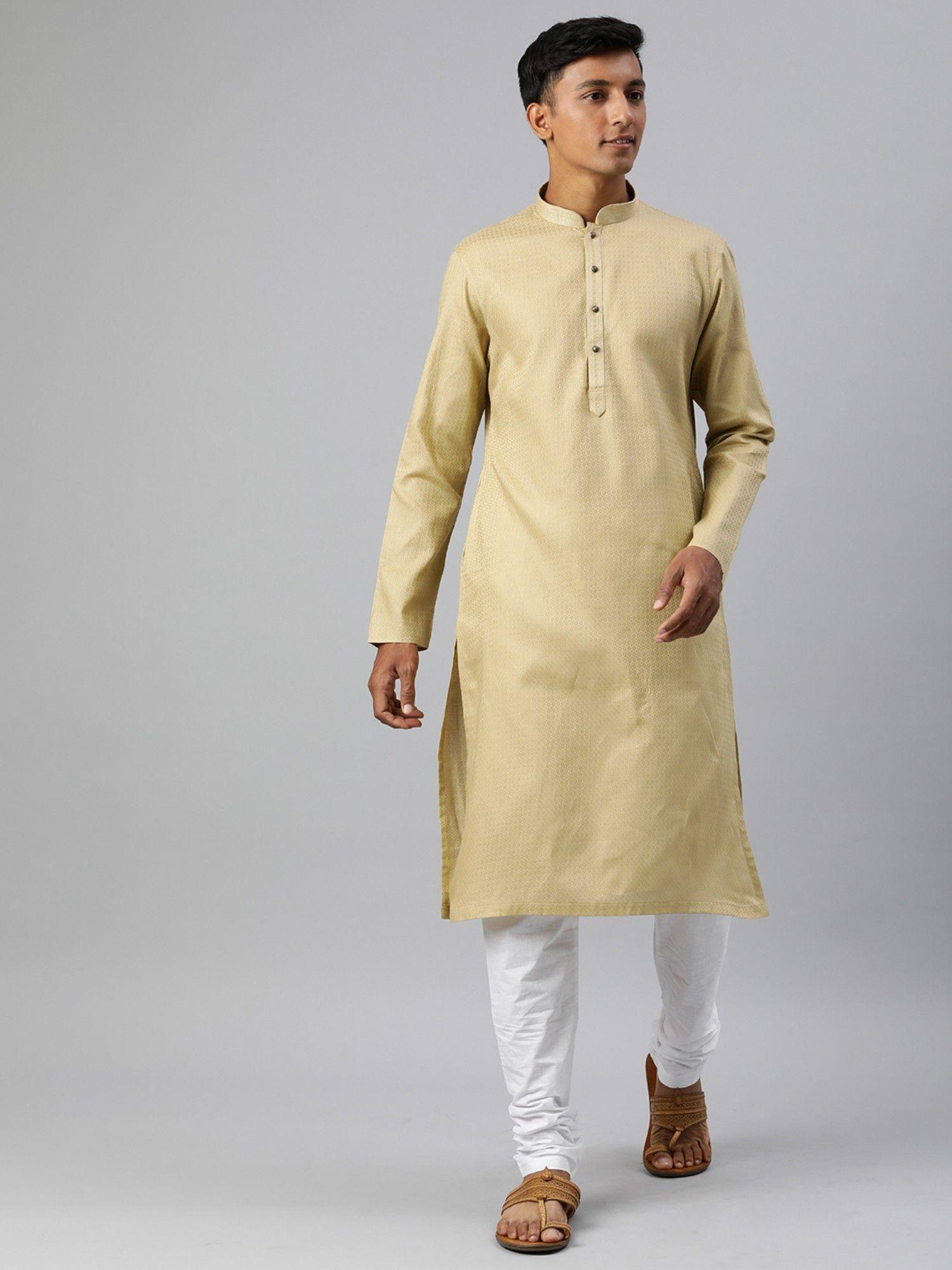 fawn beige embroidered cotton full sleeves kurta (set of 2)