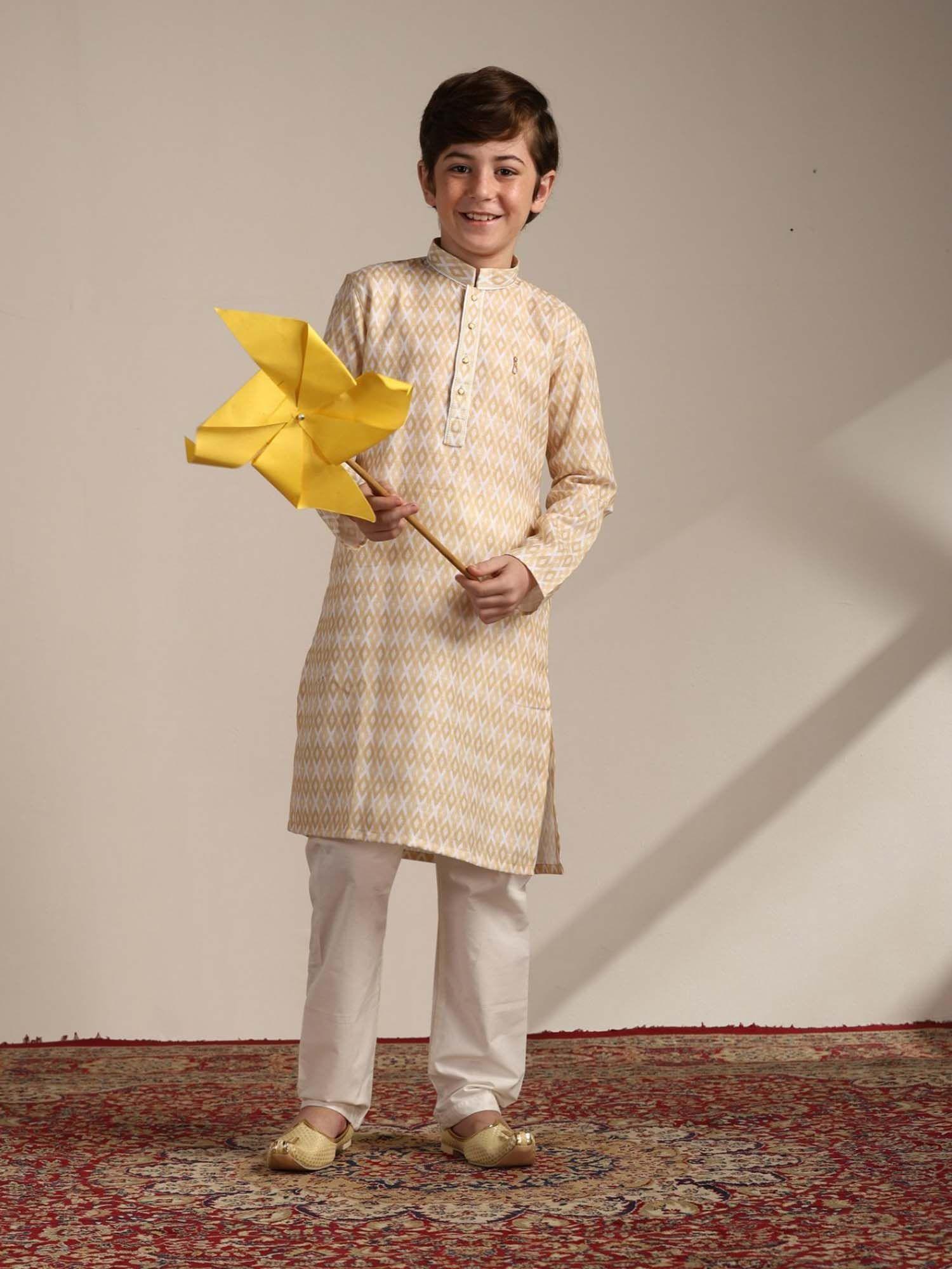 fawn blended cotton printed mandarin collar kurta pyjama (set of 2)