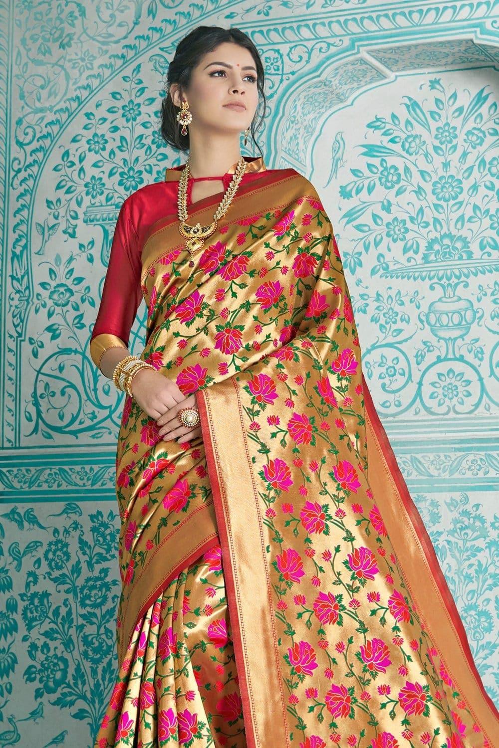 fawn gold red multicolor woven paithani saree