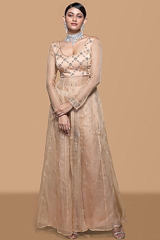 fawn modal & organza mirror embroidered kalidar anarkali set