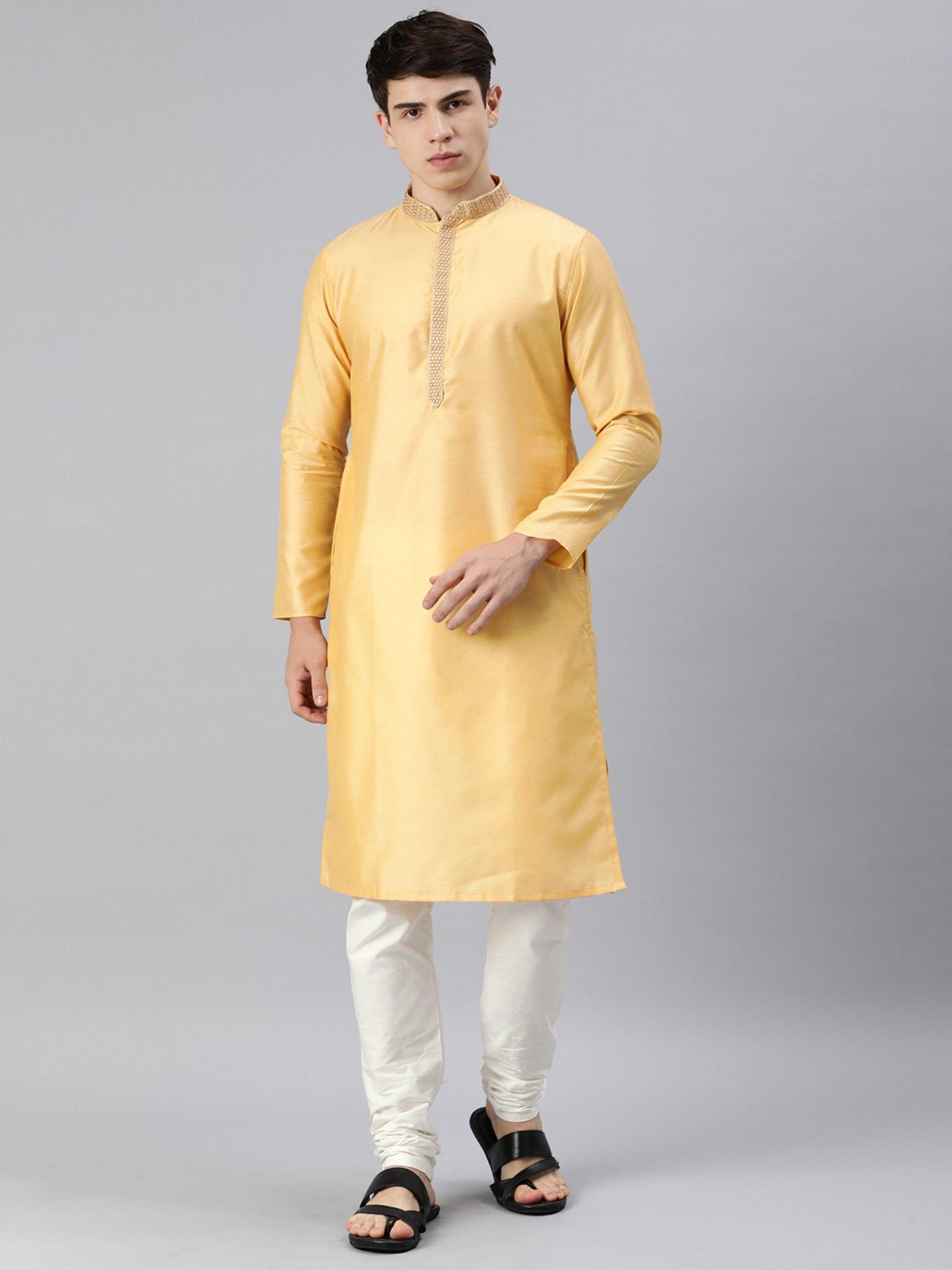 fawn yellow solid art silk full sleeves kurta (set of 2)