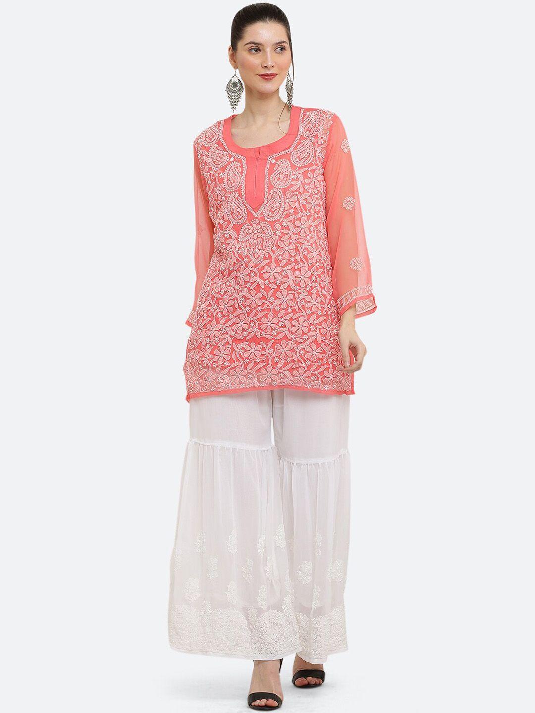 fawoment  floral embroidered straight kurti with palazzos