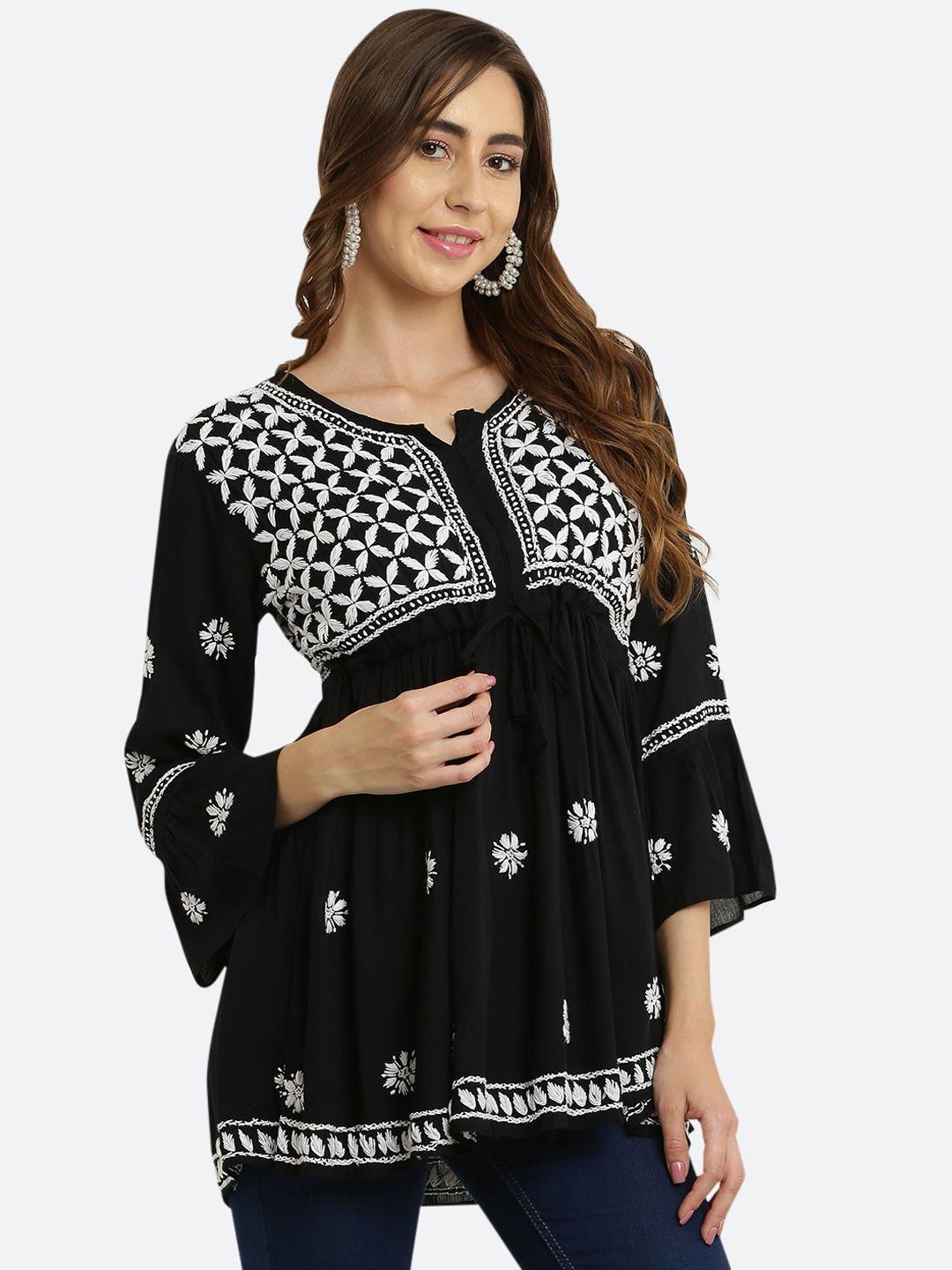 fawoment black embellished embroidered empire longline top