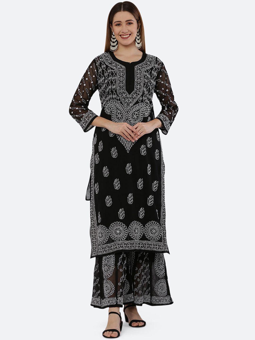 fawoment black hand embroidered chikankari kurta with sharara & straight slip