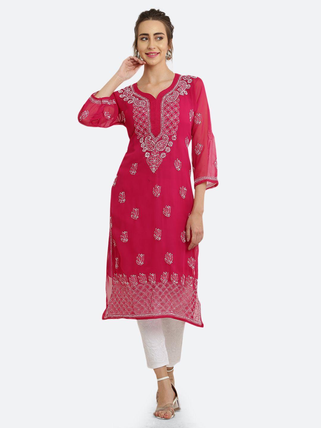 fawoment ethnic motifs embroidered chikankari handloom georgette kurta