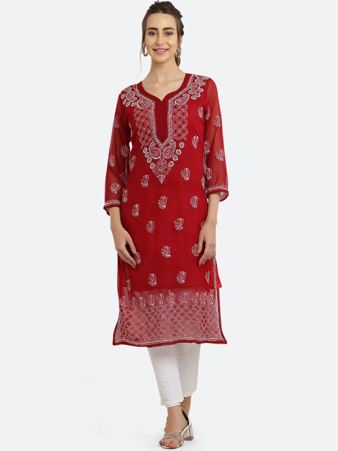 fawoment ethnic motifs printed flared sleeves chikankari handloom georgette kurta