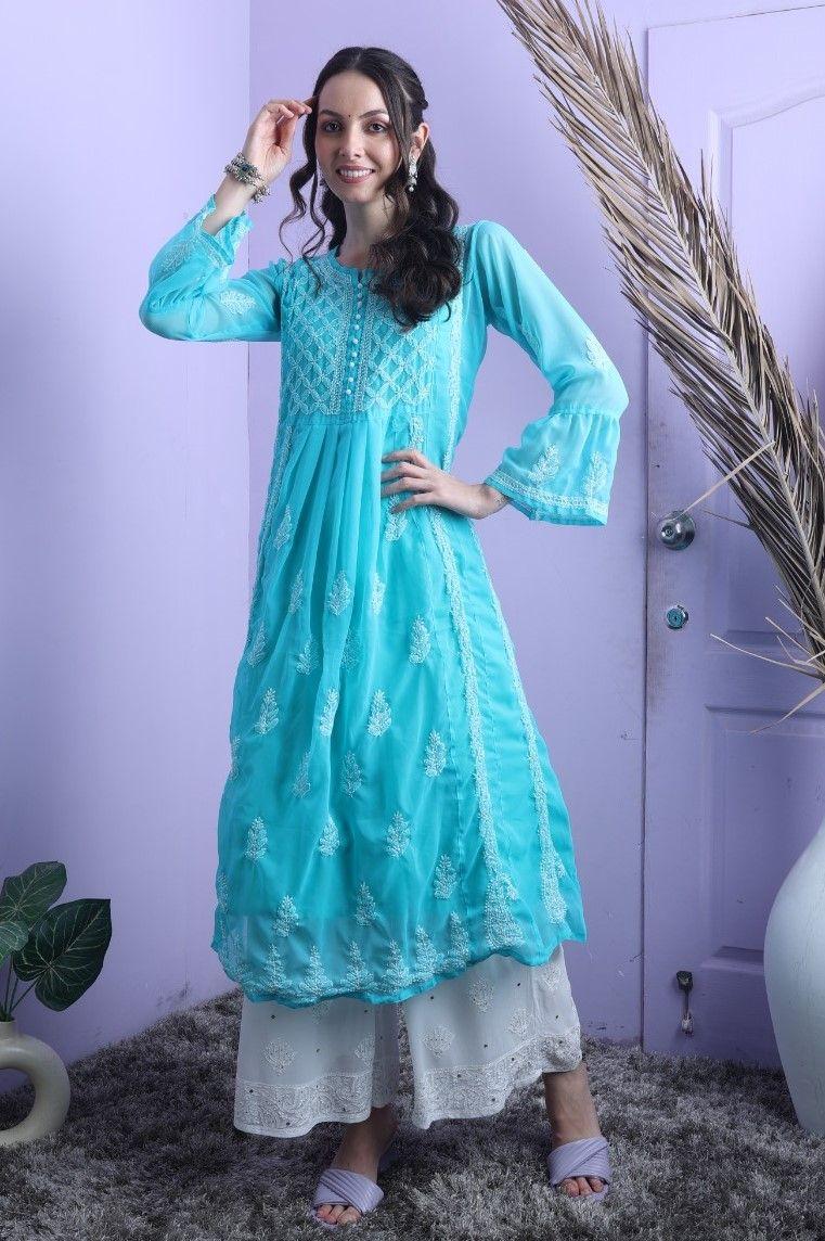 fawoment floral embriodered round neck bell sleeves georgette a-line kurta